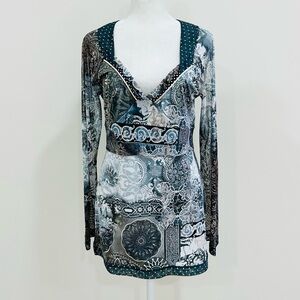 Anac By Kimi Blouse Women’s Sz‎ L Bell Sleeve Wearable Art Polka Dot Artsy Black